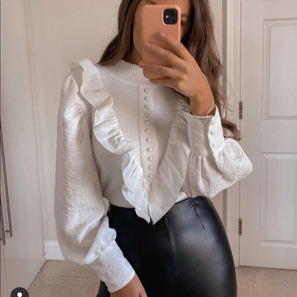 Zara White Ruffled Turtleneck Sweater